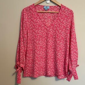CeCe Pink and White 3/4 Sleeve Tie Front Floral Blouse M Medium